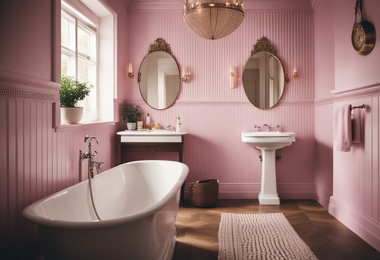 A vintage-inspired bathroom with pink accents and bead board walls