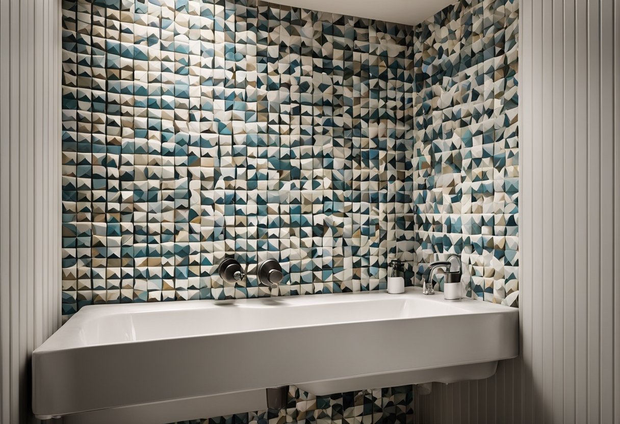 A bathroom with white bead board walls adorned with geometric tile patterns in various colors and designs