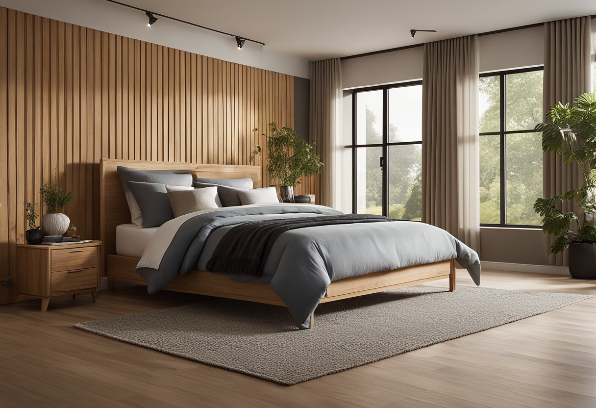 A spacious bedroom with bead board walls, each panel adding texture and depth to the room. The natural wood finish creates a warm and inviting atmosphere