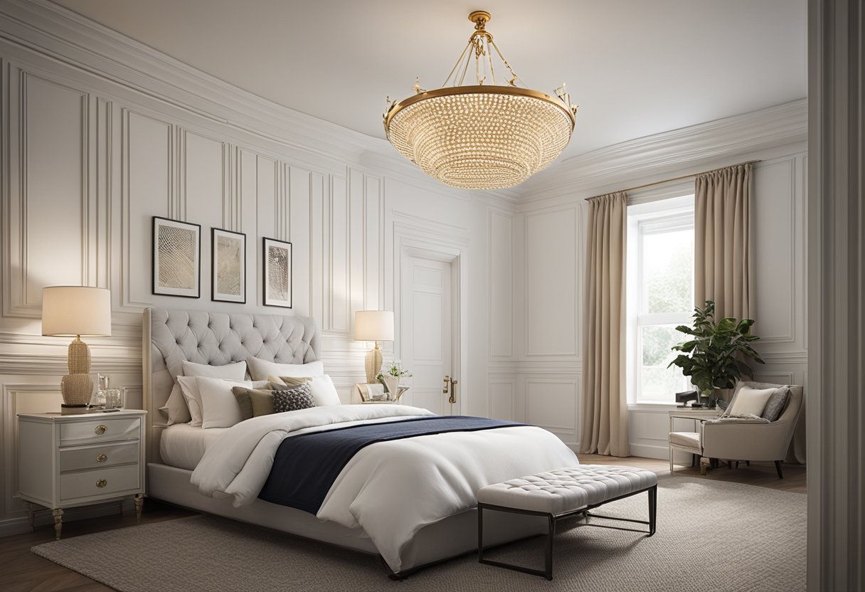 A spacious bedroom with white beadboard walls, elegant crown molding, and a cozy atmosphere