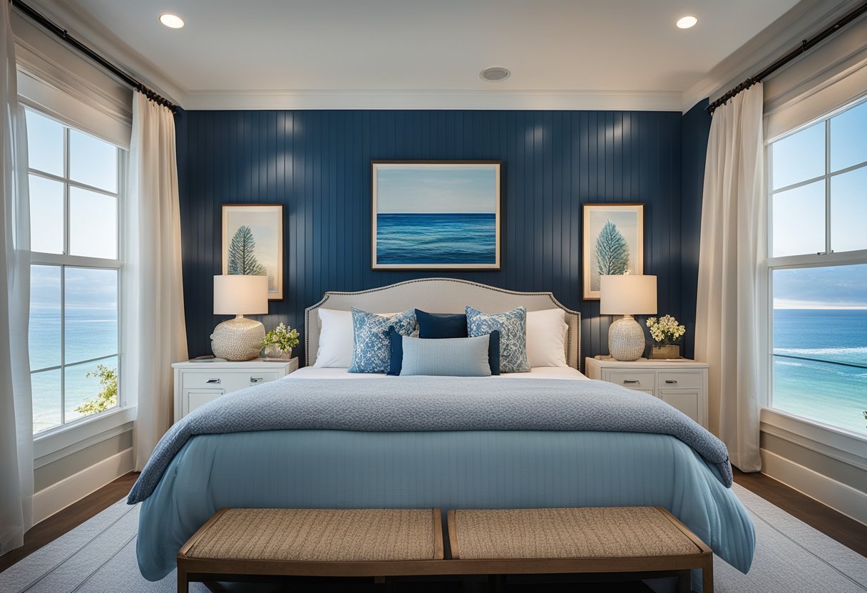 A serene bedroom with nautical blue beadboard walls, adorned with coastal decor and soft lighting, creating a relaxing and inviting atmosphere