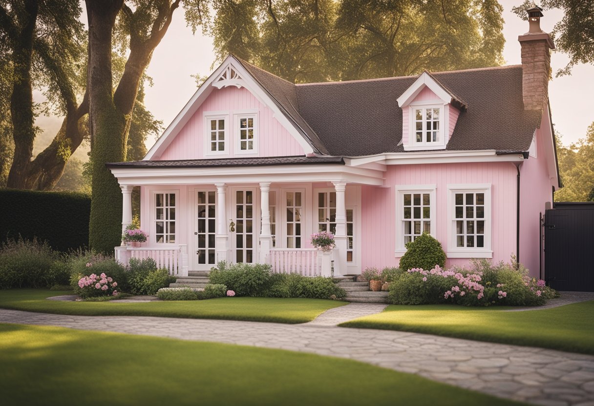 A cozy pastel pink cottage with 5 bedrooms featuring charming bead board walls and a welcoming atmosphere