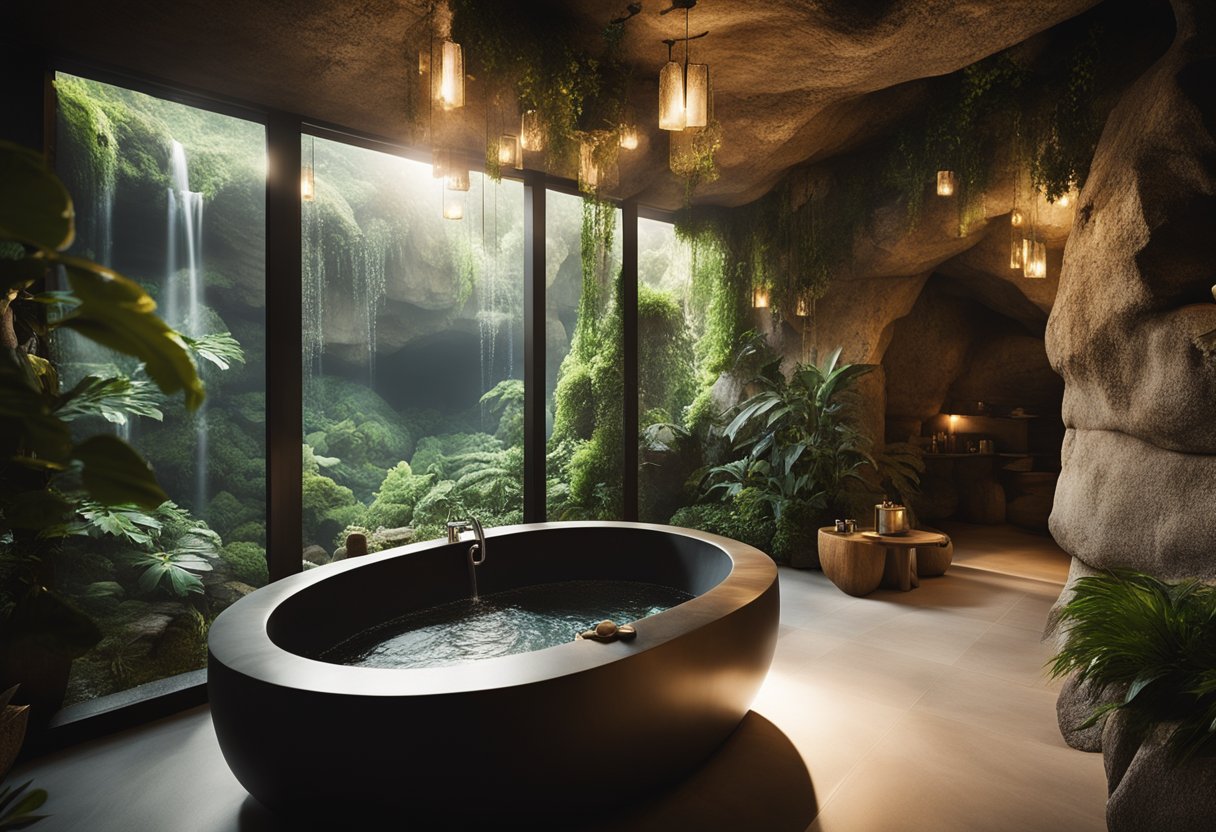 A serene cave bathroom with a natural stone bathtub, hanging plants, soft lighting, and a waterfall shower