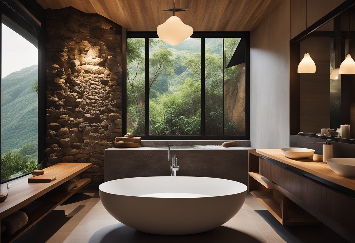 A dimly lit cave bathroom with rocky wall tiles, a rustic wooden vanity, a stone sink, and a waterfall shower