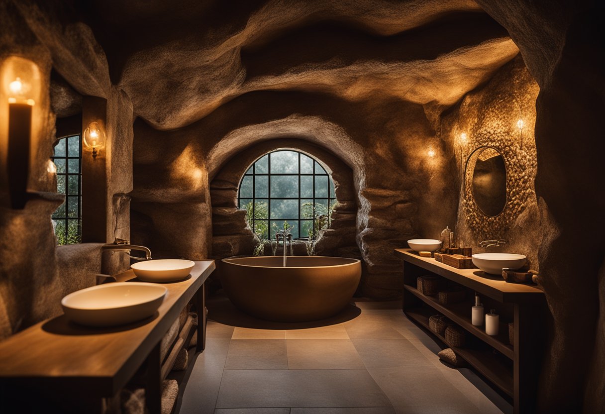 A rustic cave bathroom with a natural stone sink, surrounded by dimly lit alcoves and flickering torches