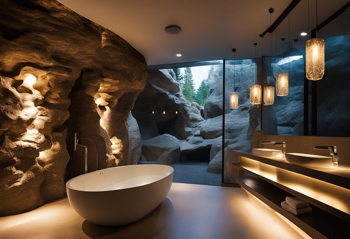 Glowing stalactite light fixture illuminates a cave-inspired bathroom with natural stone walls and a tranquil, spa-like atmosphere