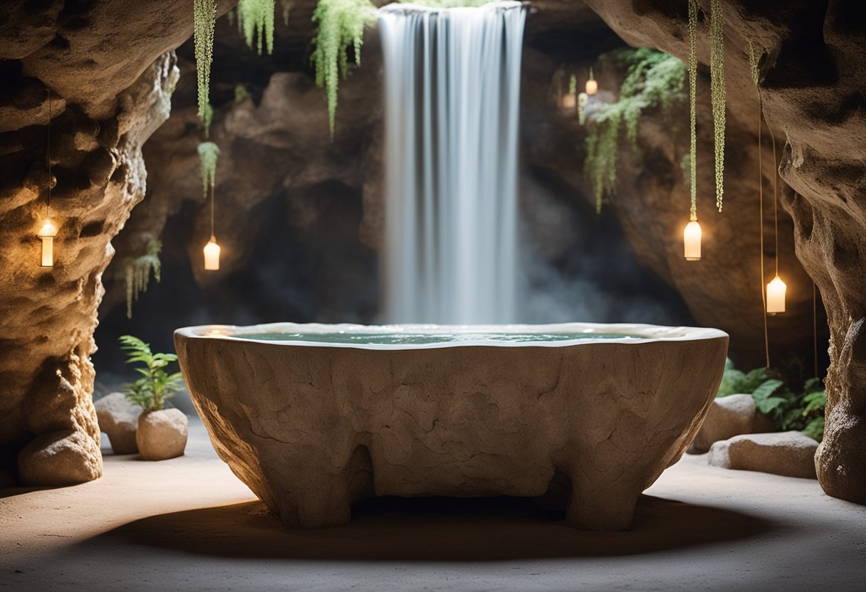 A bathtub carved from stone, surrounded by stalactites and stalagmites, with a waterfall shower and glowing mushrooms