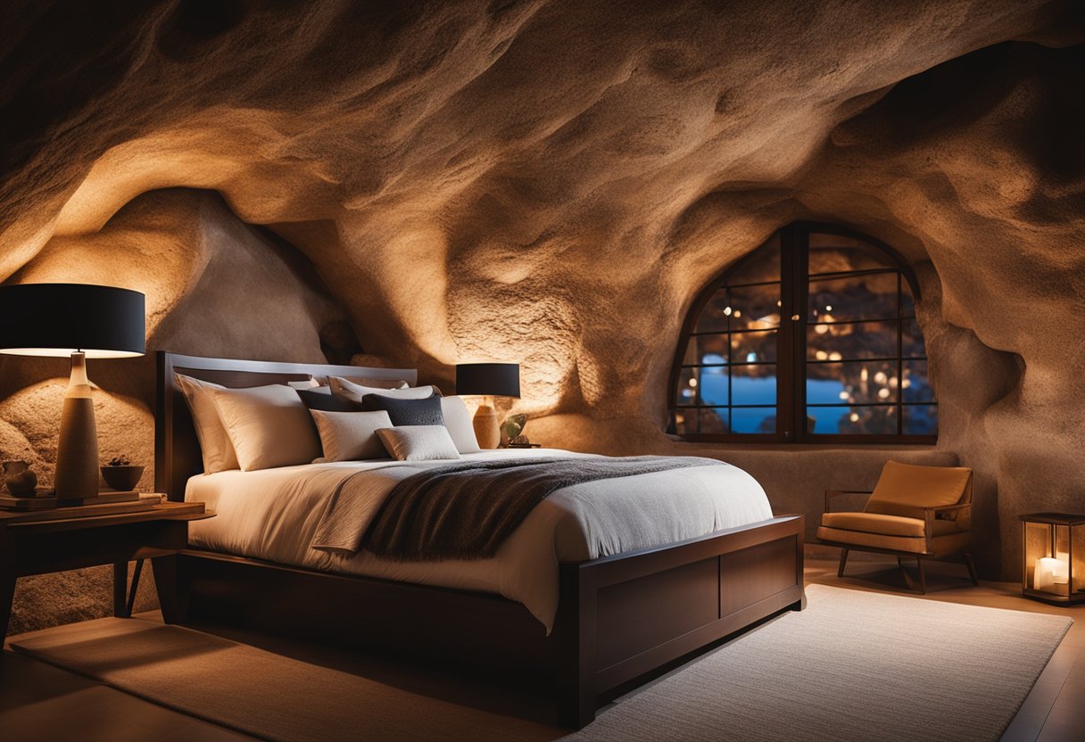 A cozy cave bedroom with warm, earthy tones, soft lighting, a rustic bed, and natural stone accents