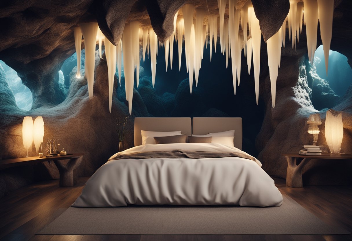 Glowing stalactites illuminate a cozy cave bedroom with a mystical ambiance