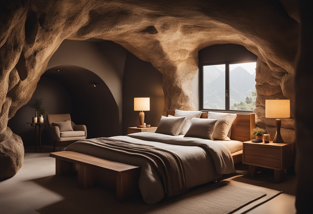 A cozy cave bedroom with earthy tones, featuring a stone bed, wooden furniture, soft lighting, and natural textures