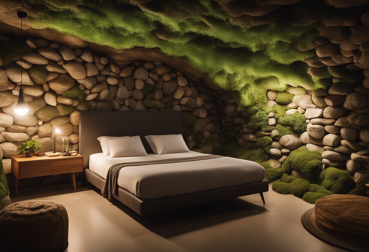 A cozy cave bedroom with stone walls, wooden furniture, and nature-inspired decor like leaf-patterned bedding and a moss-covered lamp