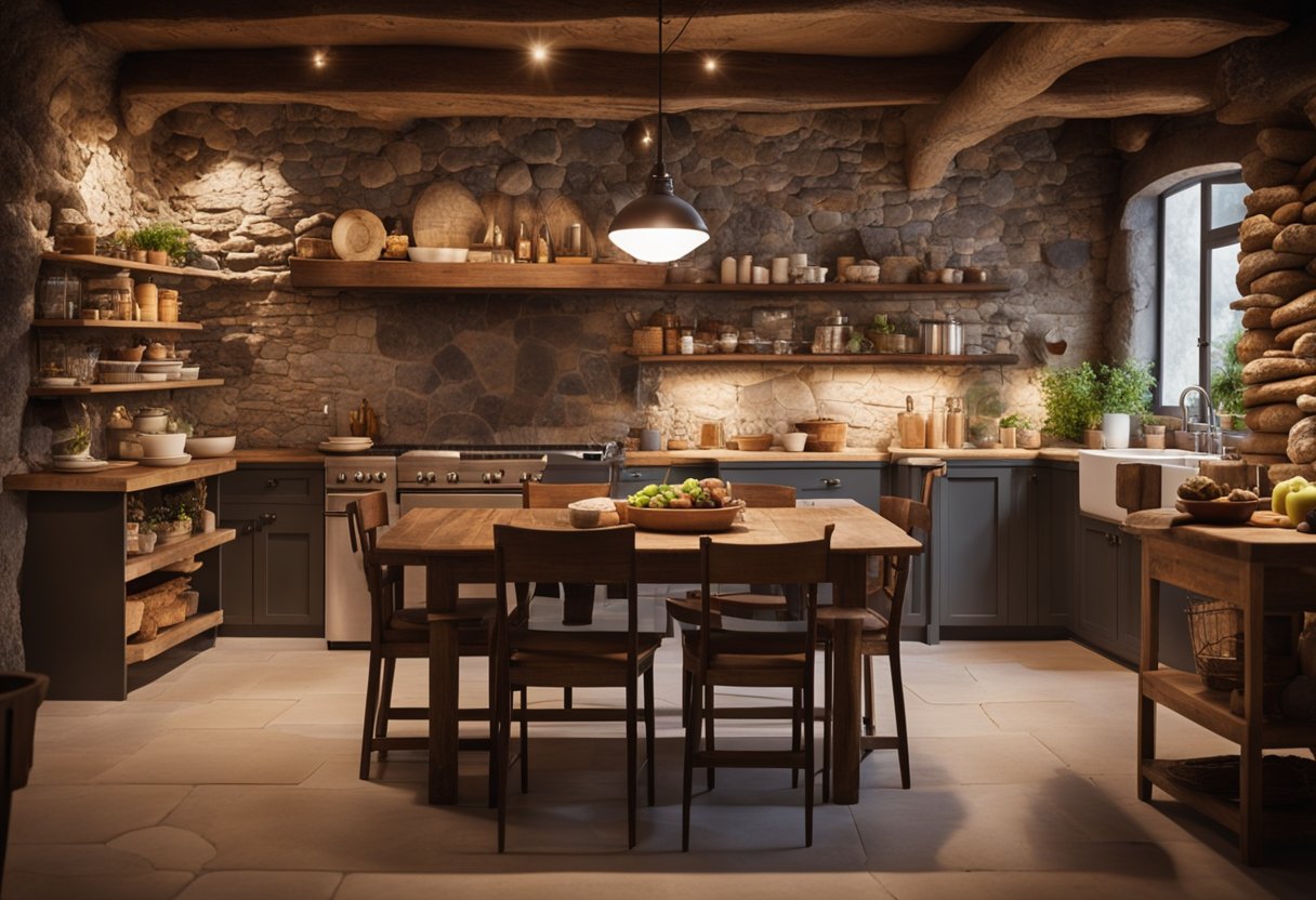 A cozy cave kitchen with stone walls, wooden shelves, a crackling fireplace, and a rustic dining table set for a meal