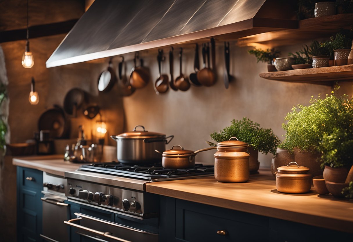 A cozy cave kitchen with ambient LED lighting, featuring a rustic stone fireplace, wooden countertops, and hanging copper pots