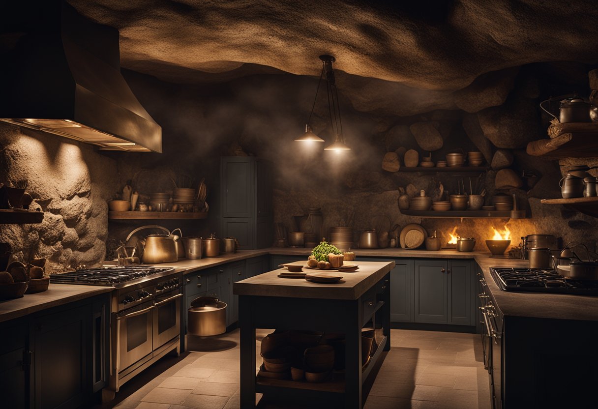 A dimly lit cave kitchen with stone countertops, adorned with flickering torches and rustic cookware