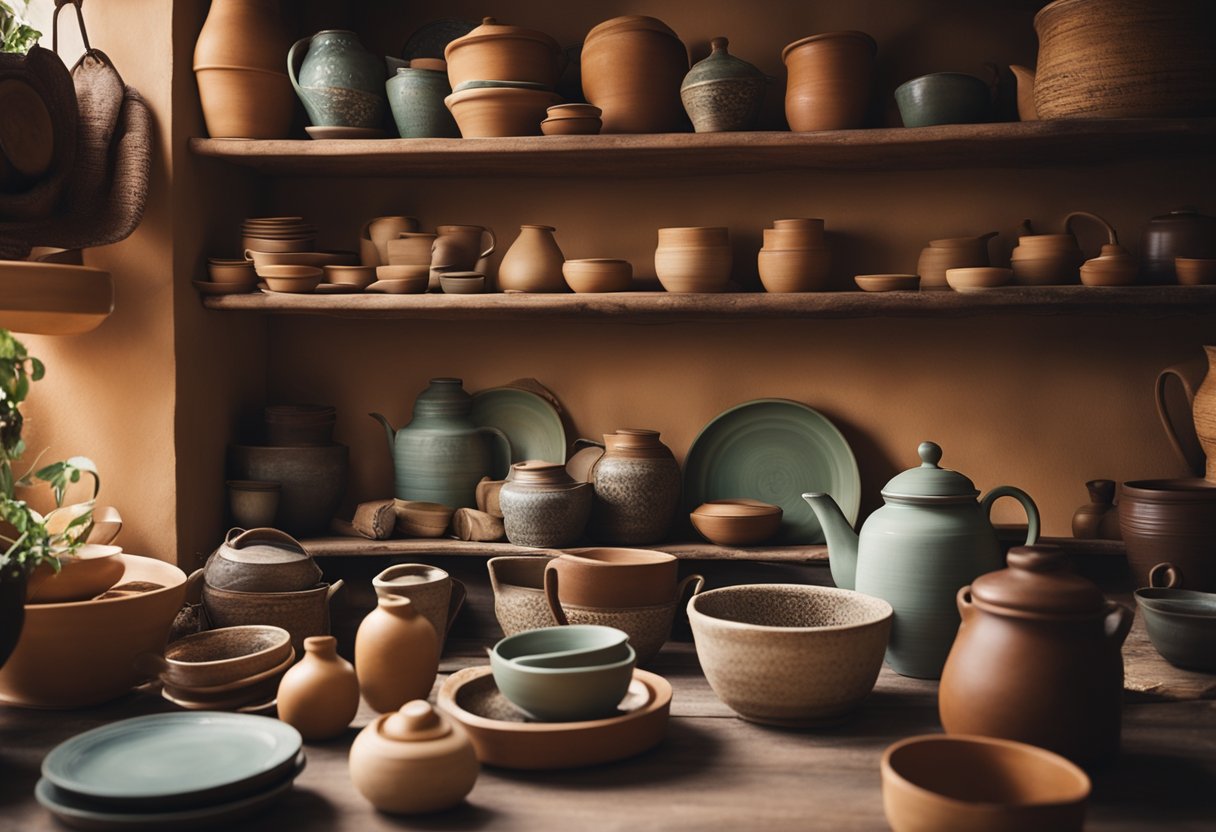 A cozy cave kitchen with vintage pottery decor, including rustic clay pots, hand-painted plates, and earthy ceramic vases