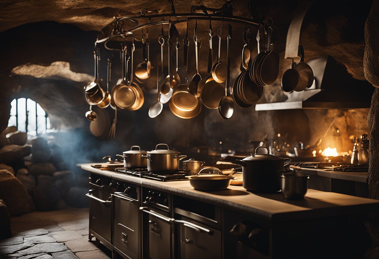 A dimly lit cave kitchen with an iron pot rack hanging from the rocky ceiling, surrounded by flickering torches and stone cooking utensils