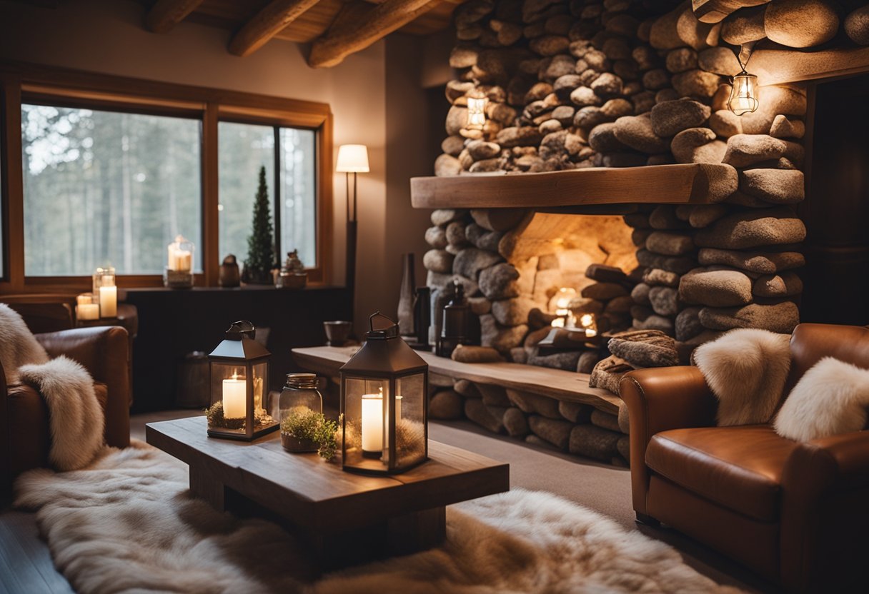 A cozy cave living room with a stone fireplace, plush fur rugs, wooden furniture, warm lighting, and cave-inspired decor