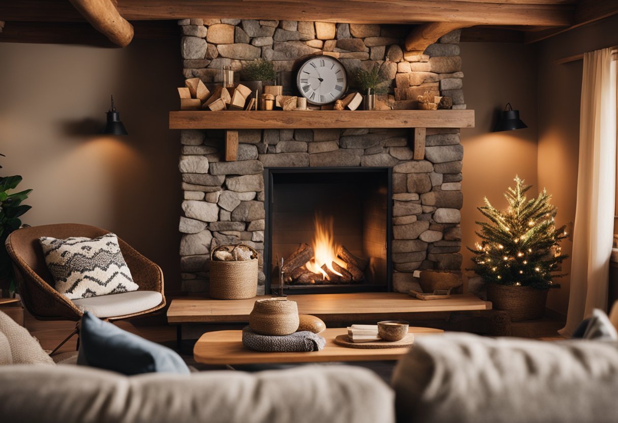 A cozy cave living room with a rustic stone fireplace as the focal point, surrounded by warm earthy tones and natural textures