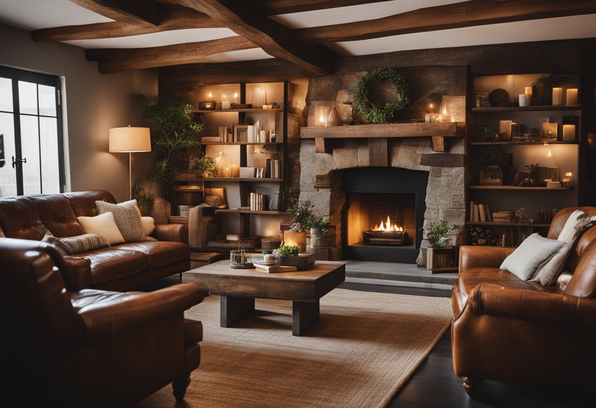 A cozy cave-like living room with vintage leather sofas, warm lighting, and rustic decor