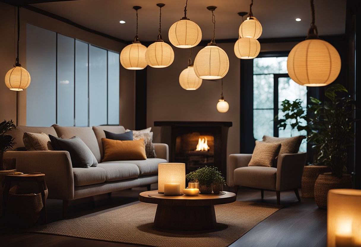 A cozy cave living room with hanging lantern lights illuminating the space, creating a warm and inviting atmosphere for relaxation and entertaining