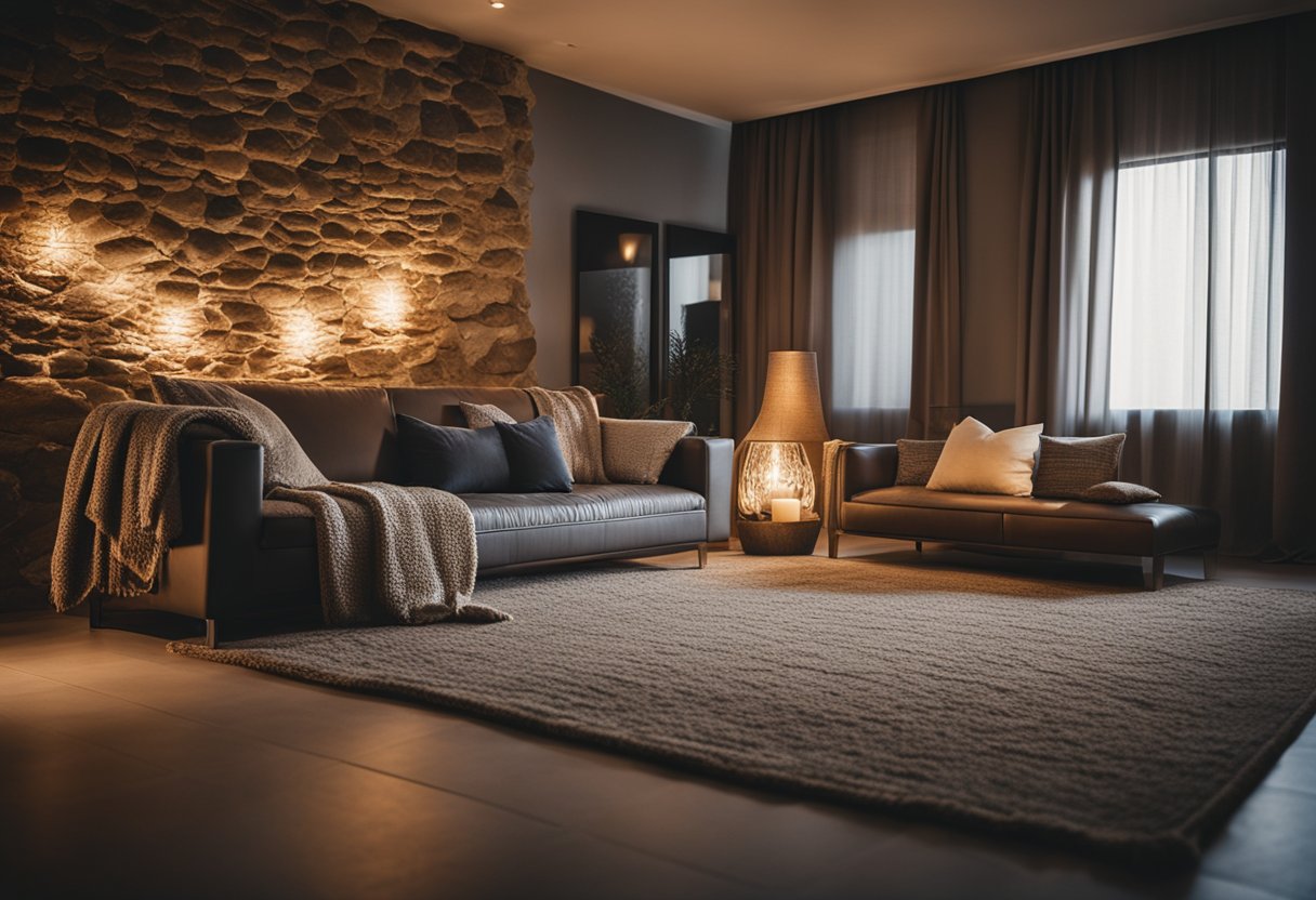 A cozy cave living room with woven throw blankets draped over a large, comfortable sofa, surrounded by warm lighting and natural stone accents