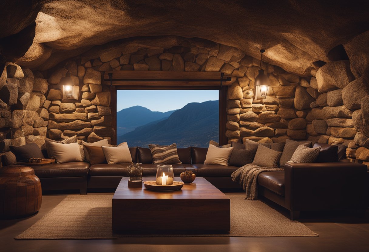 A cozy cave living room with an antique wooden coffee table surrounded by rugged stone walls, warm lighting, and earthy decor