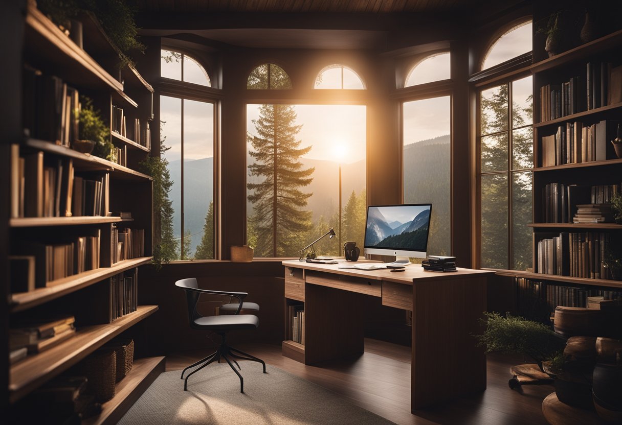 A cozy cave office with a wooden desk, bookshelves, a glowing fireplace, and a large window overlooking a serene forest