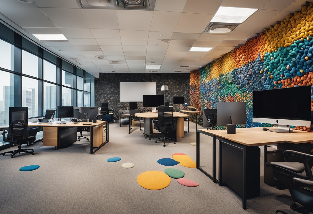 A modern office with a large wall covered in colorful, wall-mounted rock climbing grips, creating a unique and adventurous workspace