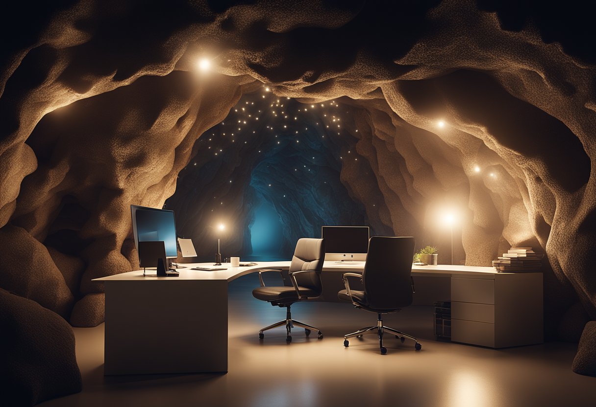 A dimly lit cave office with LED stalactite ceiling lights casting a soft glow over a desk and chair, creating a unique and cozy workspace