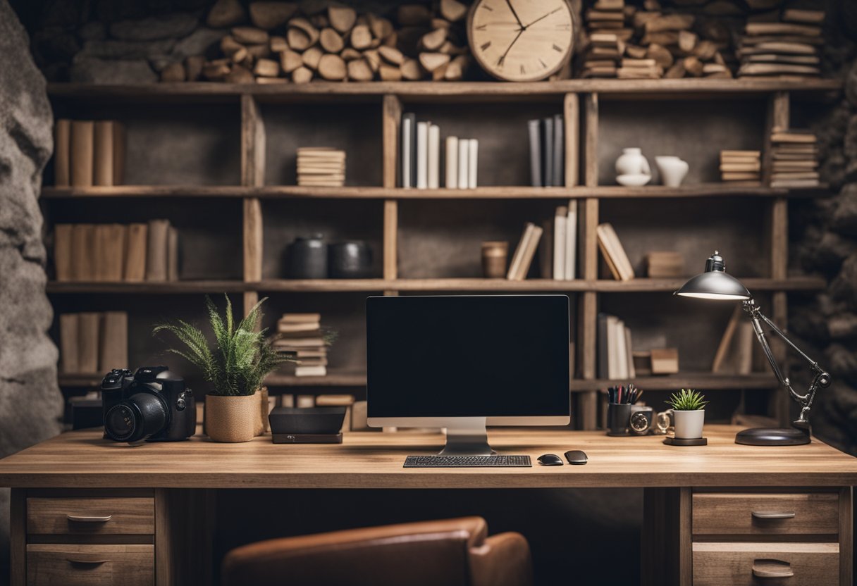 A rustic wooden desk with a stone finish sits in a cave, surrounded by shelves and office supplies