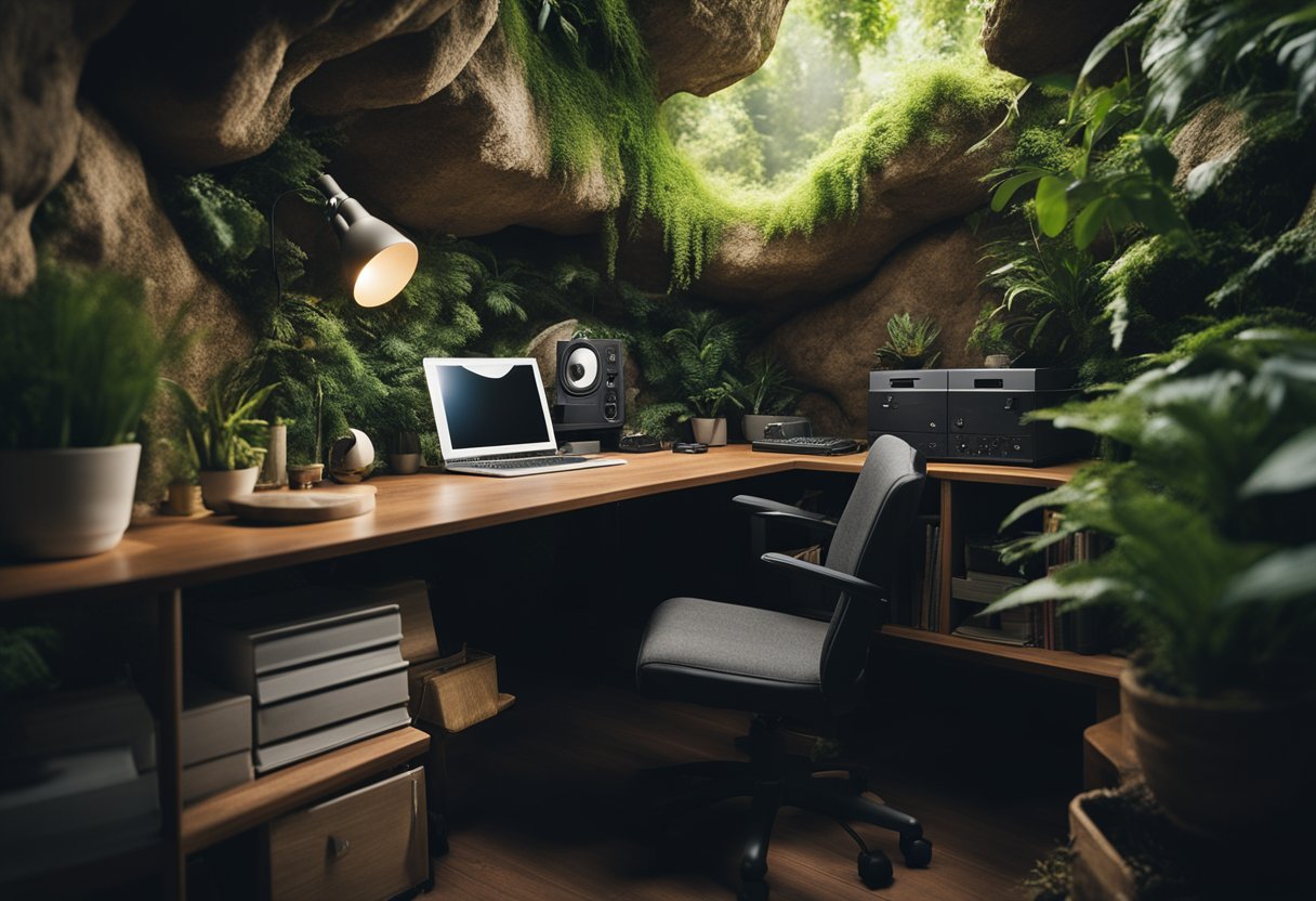 A cozy cave office with a nature-inspired sound machine, surrounded by lush greenery and natural elements