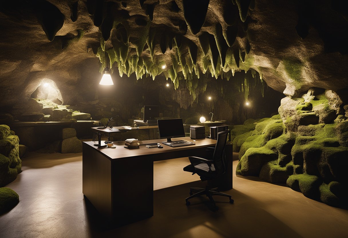 A dimly lit cave office with stalactites hanging from the ceiling, moss-covered walls, and a desk made of rough-hewn stone