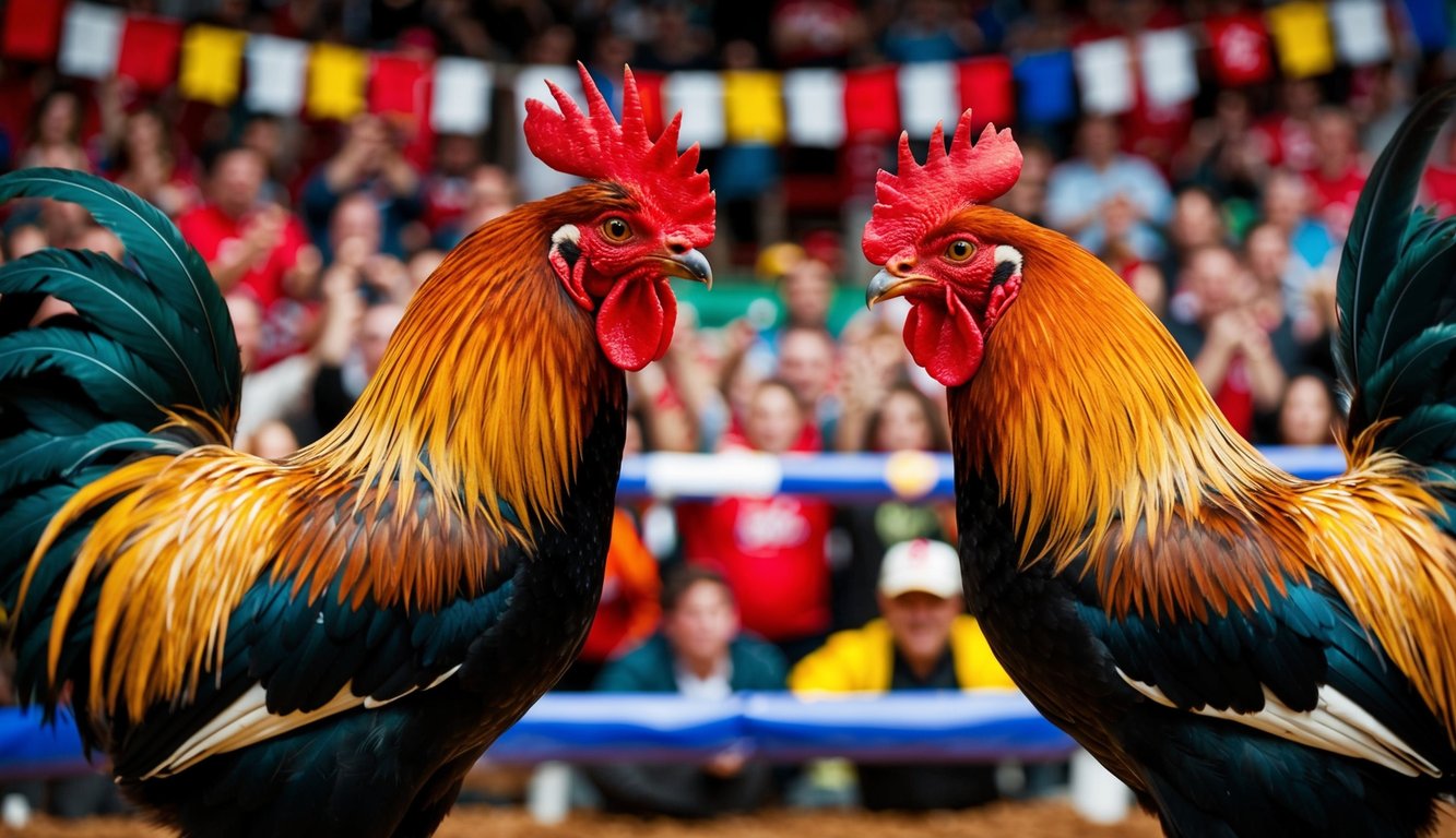 Dua ayam jantan berhadapan di arena yang ramai, dikelilingi oleh penonton yang bersorak dan spanduk berwarna-warni