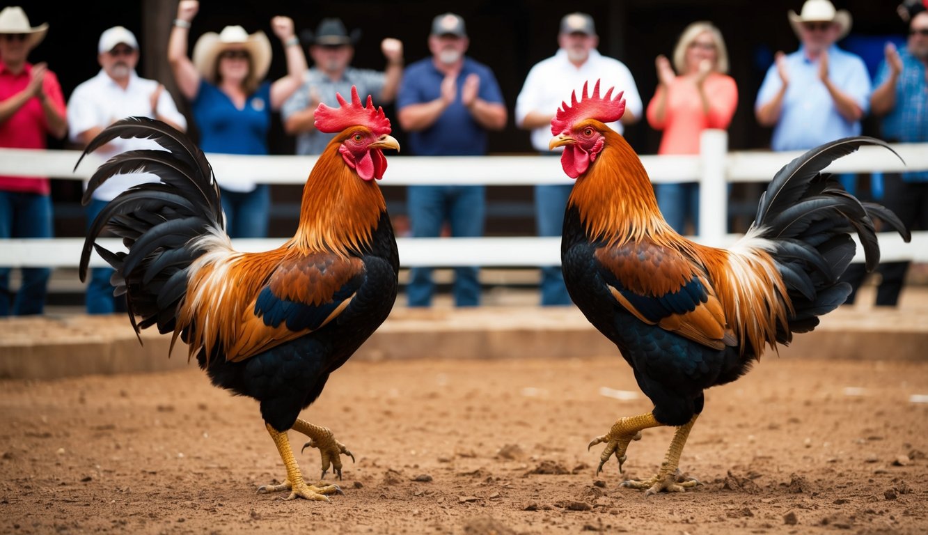 Dua ayam jantan berhadapan di arena tanah yang dikelilingi oleh penonton yang bersorak. Burung-burung tersebut siap untuk bertarung, bulu-bulu mereka mengembang dan paruh terbuka dalam tampilan agresif.