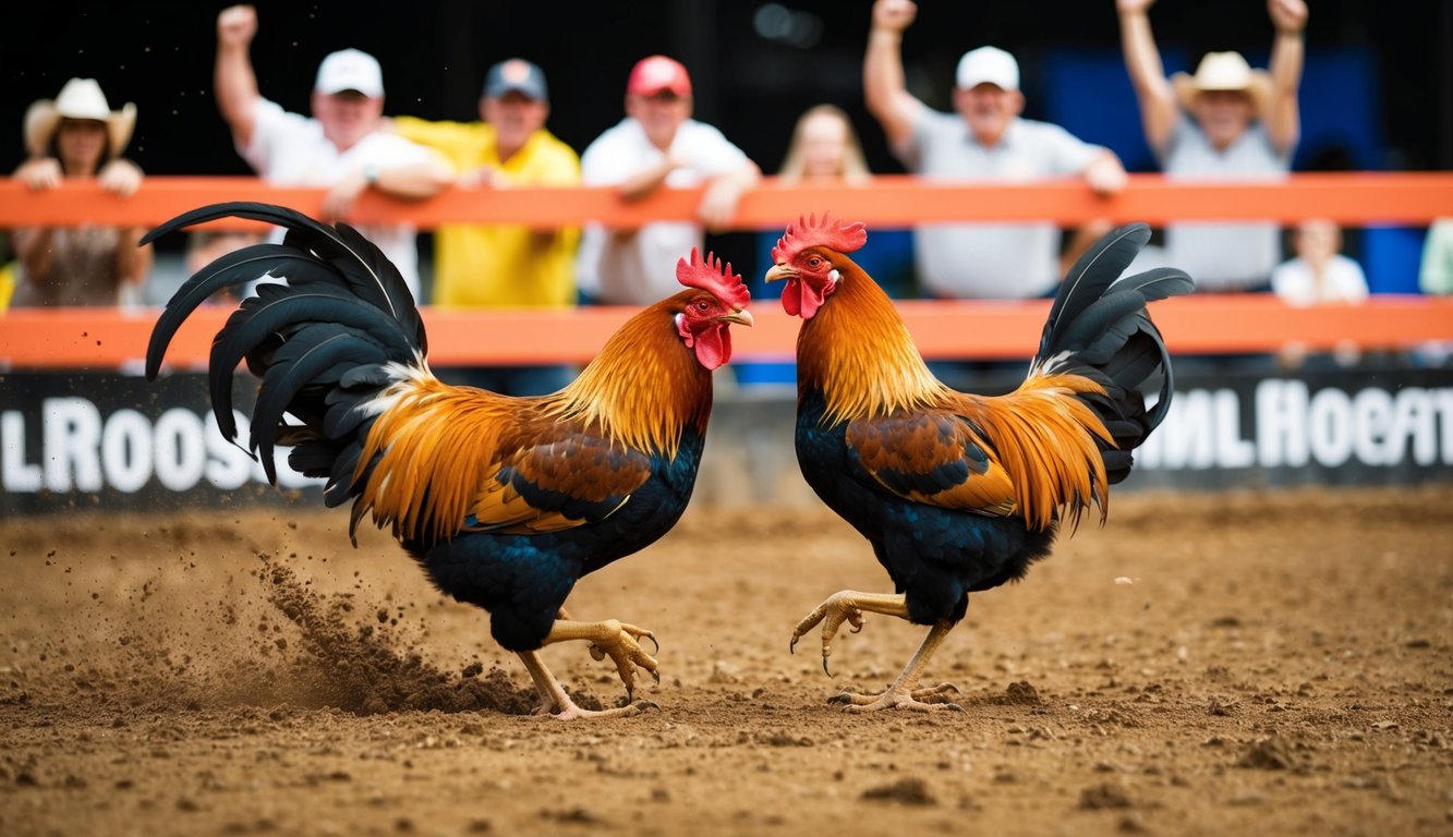 Dua ayam jantan bertarung sengit di dalam sebuah lubang tanah yang dikelilingi oleh penonton yang bersorak.