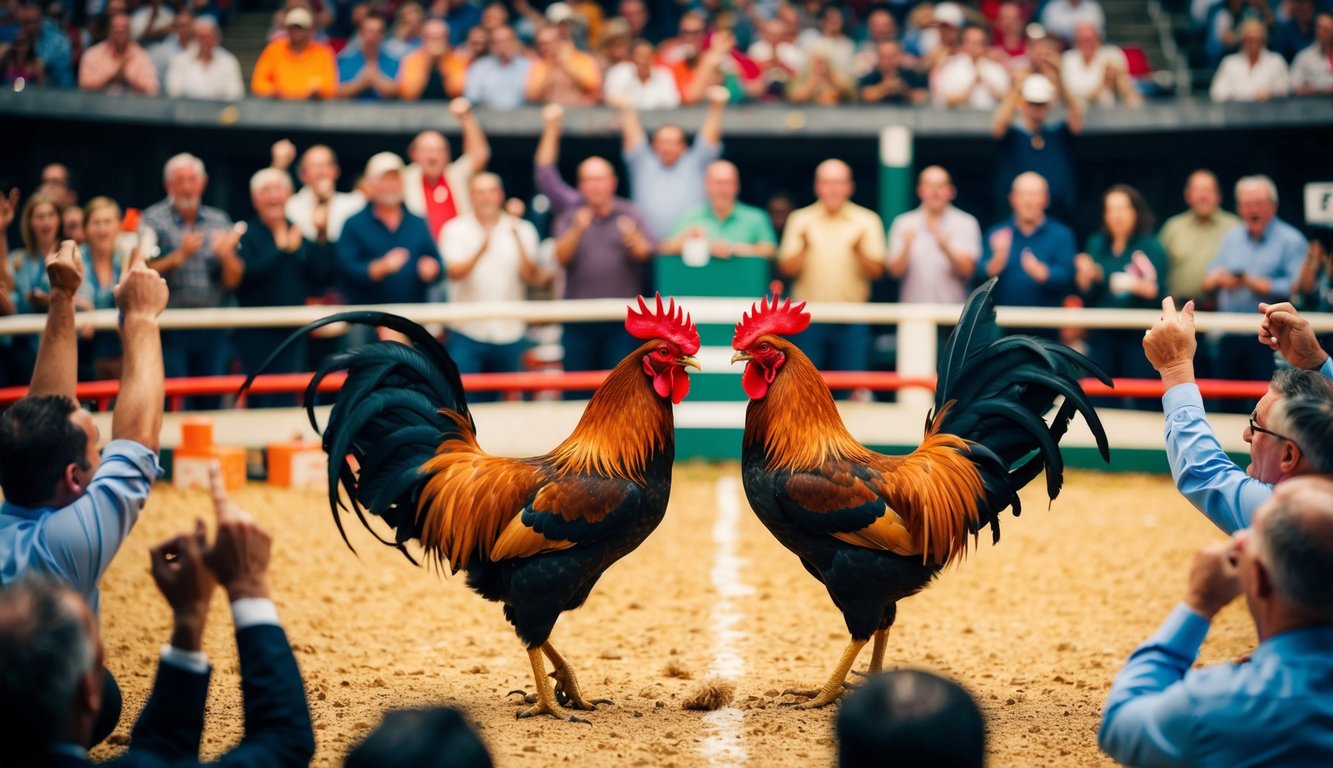 Sebuah arena yang ramai dengan dua ayam jantan berhadapan di tengah, dikelilingi oleh penonton yang bersemangat bersorak dan memasang taruhan