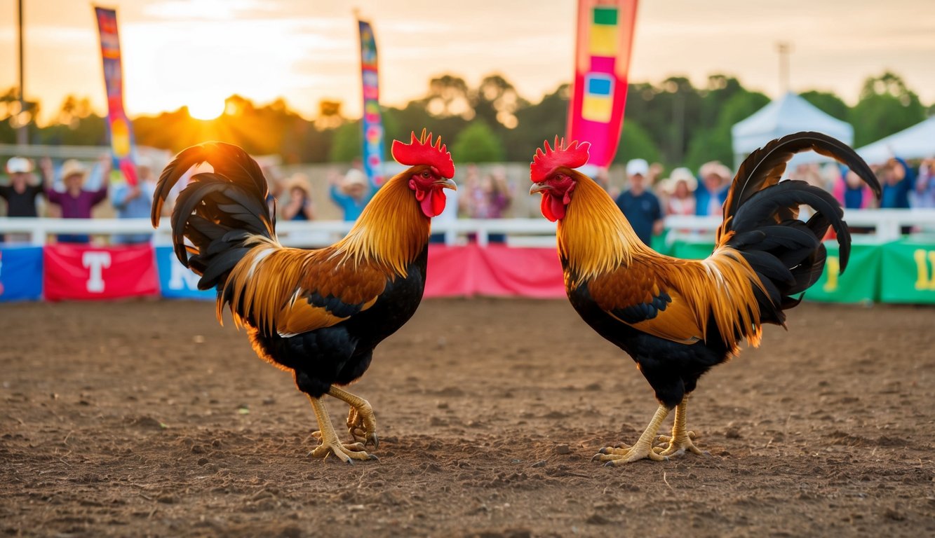 Dua ayam jantan berhadapan di arena tanah, dikelilingi oleh penonton yang bersorak dan spanduk berwarna-warni. Matahari terbenam, memberikan cahaya hangat di atas pemandangan.