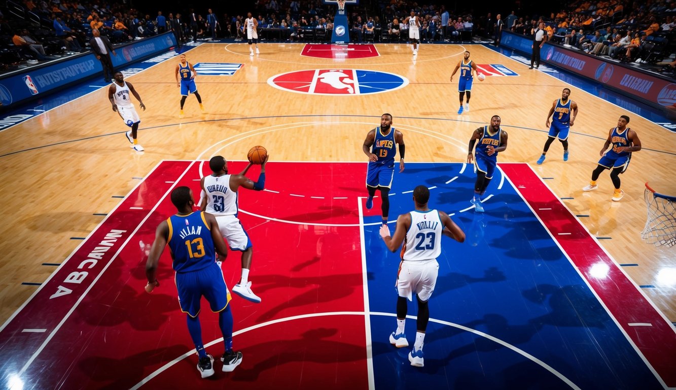 Sebuah lapangan basket dengan logo NBA, ring, dan pemain yang sedang beraksi