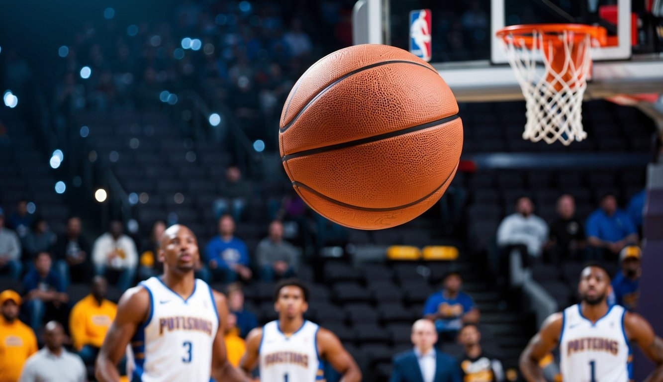 Sebuah bola basket terbang di udara menuju ring, dengan pemain dan penonton di latar belakang