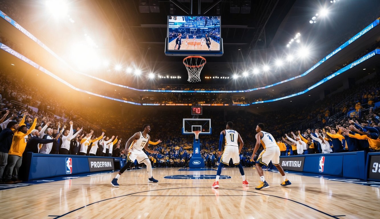 Sebuah lapangan basket dengan dua tim yang bermain, dikelilingi oleh penggemar yang bersorak dan lampu stadion yang terang