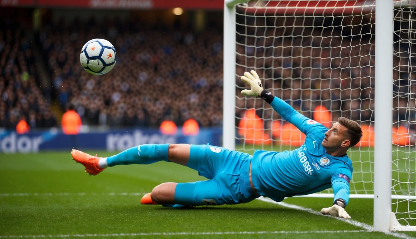 Sebuah bola sepak terbang ke sudut atas gawang, dengan kiper melompat sia-sia untuk menghentikannya