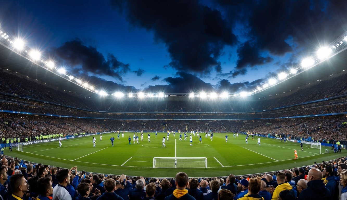 Sebuah stadion yang ramai dengan pemain di lapangan sepak bola, dikelilingi oleh penggemar yang bersemangat dan lampu stadion yang terang