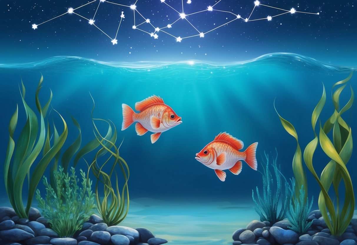 A tranquil underwater scene with two fish swimming among water plants and a constellation of stars above