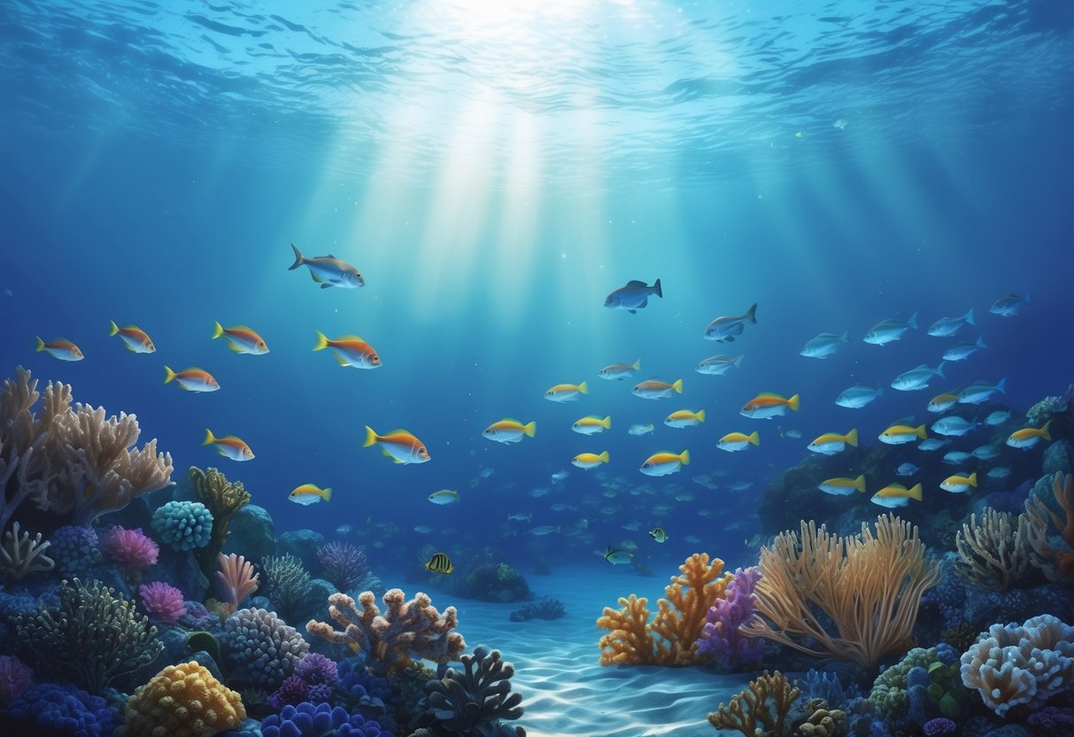 A serene underwater landscape with a school of colorful fish swimming around coral reefs, illuminated by the soft glow of sunlight filtering through the water