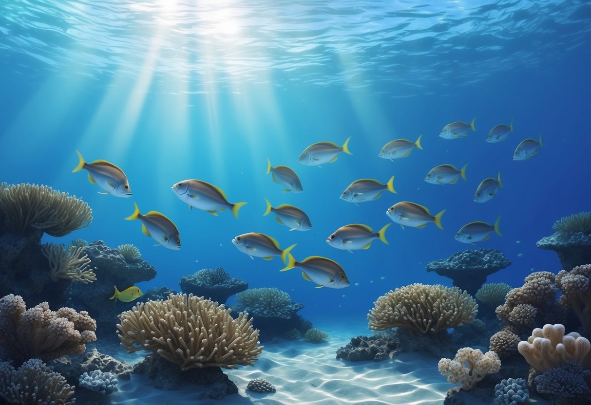 A tranquil underwater scene with a school of fish swimming gracefully around coral formations, while sunlight filters through the water