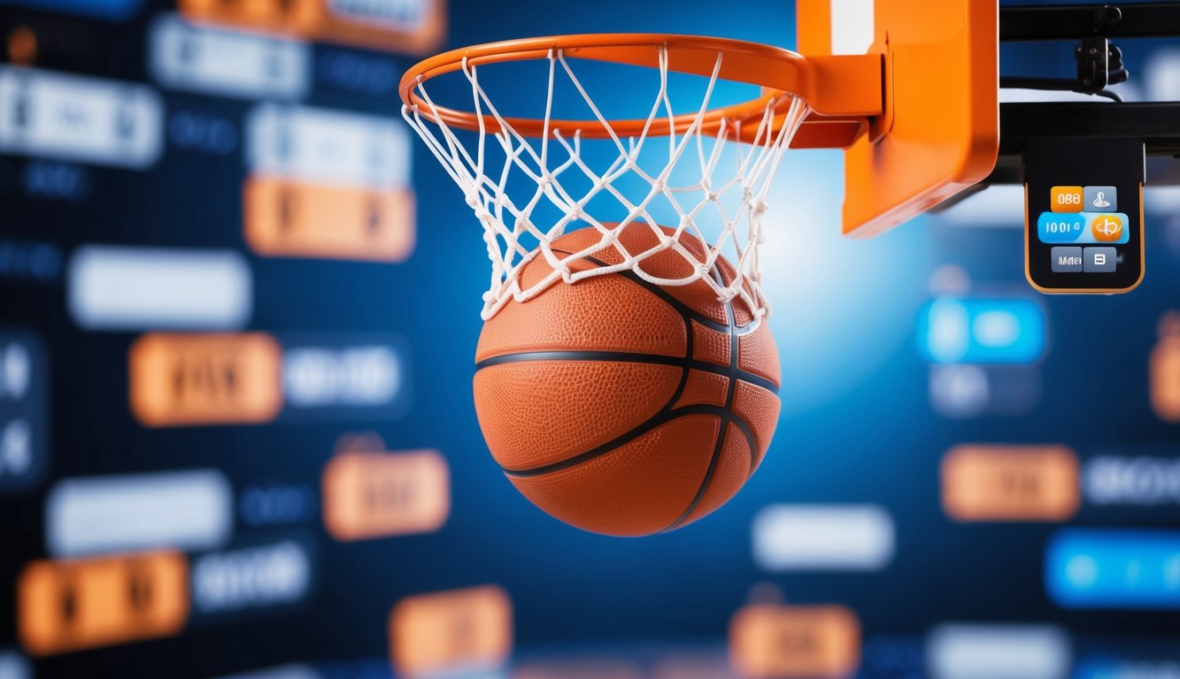 Sebuah bola basket memantul ke dalam ring, dikelilingi oleh antarmuka digital dengan peluang taruhan dan tombol transaksi online