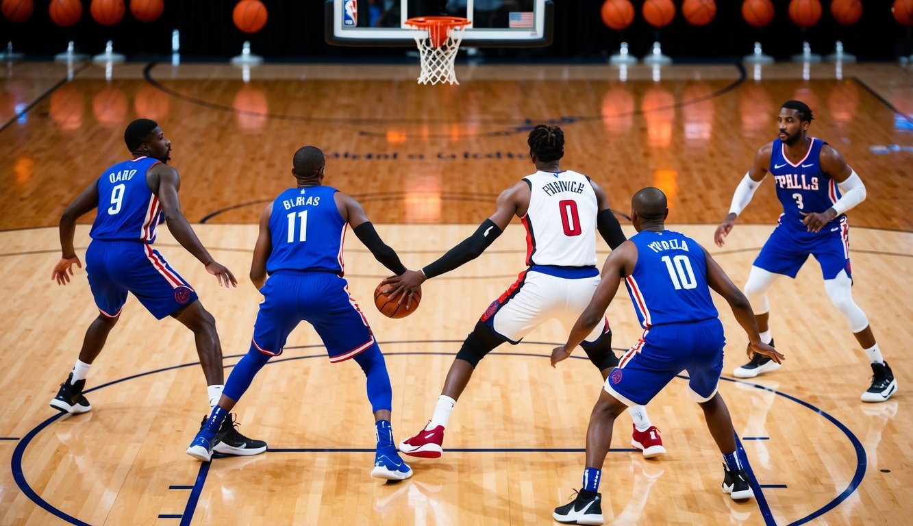 Sebuah lapangan basket dengan pemain yang sedang beraksi, mencetak poin dan bertahan