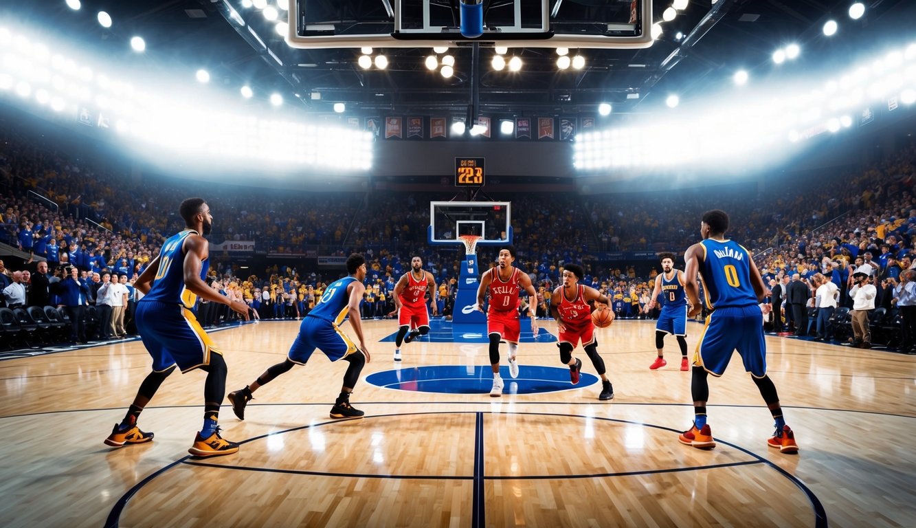 Sebuah lapangan basket dengan pemain yang sedang beraksi, dikelilingi oleh penggemar yang bersorak dan lampu stadion yang terang