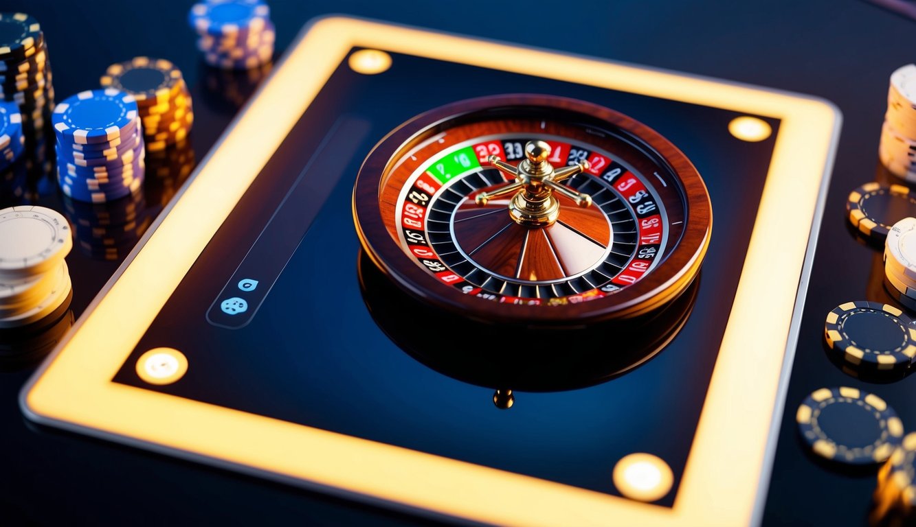 Roda roulette digital berputar di layar yang bersinar, dikelilingi oleh chip kasino virtual dan antarmuka yang ramping