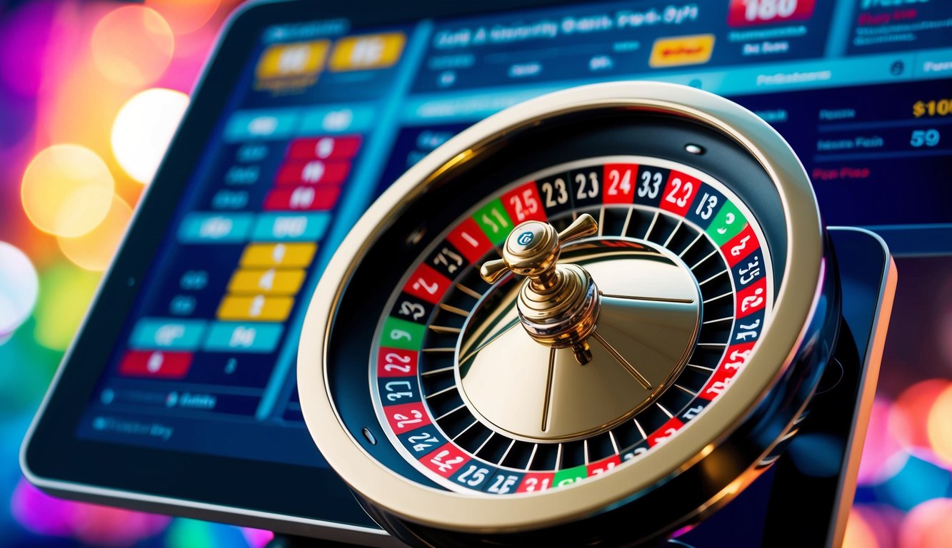 Roda roulette digital berputar di antarmuka online yang ramping, dikelilingi oleh pilihan taruhan yang berwarna-warni dan latar belakang yang cerah